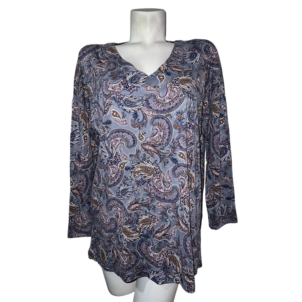 J Jill Simply Supima Cotton V Neck Tunic Grey‎ Paisley Print Long Sleeve Top L